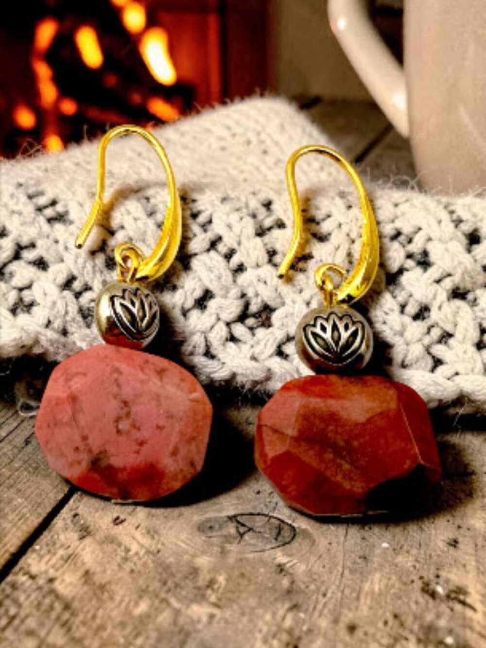 Pink Rhodonite Lotus Earrings Gold Plated Artisan Boho Gemstone Dangle